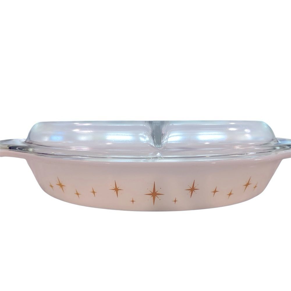 Pyrex 1.5 Quart Atomic Starburst Divided Casserole Dish with Lid Vintage Rare